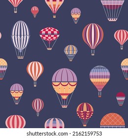 Vintage hot air balloons pattern. Colorful air craft adventure, retro striped gas balloon design. Ballooning seamless background for prints, textiles and fabric design.