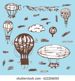 Vintage Hot Air Balloons set. Vector ink illustration. Isolated on blue. Flying vintage transport with wings and flags, ballast on basket and striped balloon. 