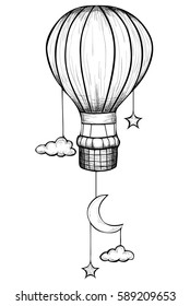 Vintage hot Air Balloons in the sky hand drawn sketches illustration on a white background