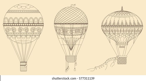 Vintage Hot Air Balloons Vector Illustration. Thin Line Baloon Collection