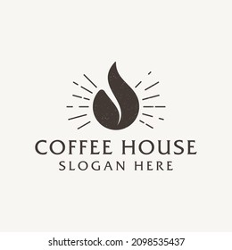 Vintage hot coffee drop logo. Coffee emblem. Coffee drop, like coffee bean with sunrays. Hipster flat logo.