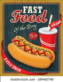 Vintage hot dog with drink poster design