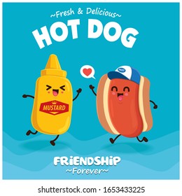 Vintage Hot dog poster design with vector hot dog & mustard character. 