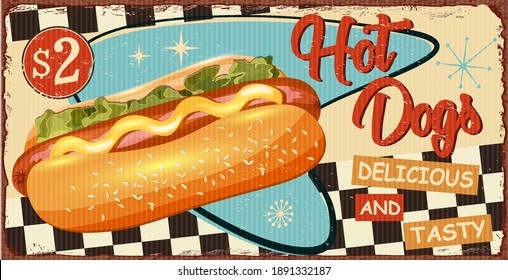 Vintage Hot Dogs metal sign.Retro poster 1950s style.