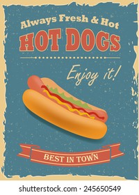 Vintage Hot Dogs poster with grunge effects.