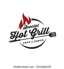 Vintage hot grilled barbecue logo, retro BBQ vector, fire grill food and restaurant icon, Red fire icon