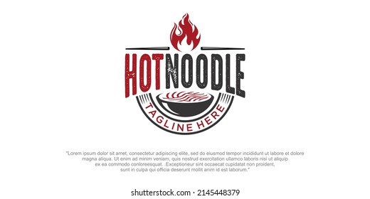 diseño de logotipo vintage de fideos calientes. Cuencos de fideos y vectores de fuego