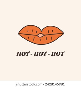 Vintage hot red lips. Vector retro hand drawn groovy illustration posters t-shirts and stickers