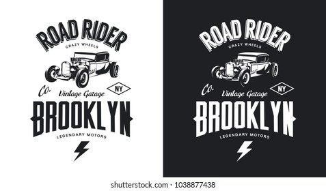 Vintage hot rod black and white tee-shirt isolated vector logo. Premium quality old sport car logotype t-shirt emblem illustration. Brooklyn, New York street wear hipster retro tee print design.