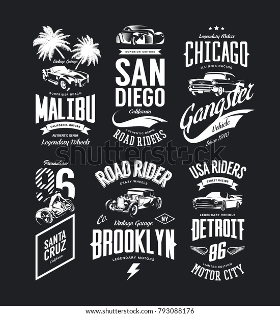 Vintage hot rod, cabriolet, classic car,\
motorcycle vector t-shirt logo isolated set. Premium quality Malibu\
logo tee-shirt illustration. Chicago gangster vehicle street wear\
number tee print\
design.