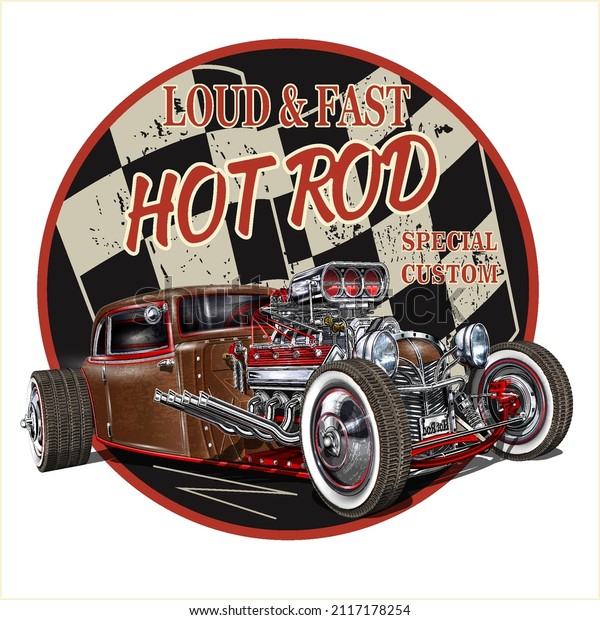 Vintage Hot Rod\
car typography for t-shirt\
print.