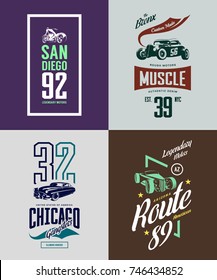 Vintage hot rod, classic car and motorcycle isolated vector t-shirt logo set. Premium quality old sport vehicle logotype tee-shirt emblem illustration. Street wear superior retro tee print design.