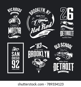 Vintage hot rod, motorcycle, pickup and sports car vector t-shirt logo isolated set. Premium quality Brooklyn logo tee-shirt emblem illustration. Detroit street wear retro number tee print design.