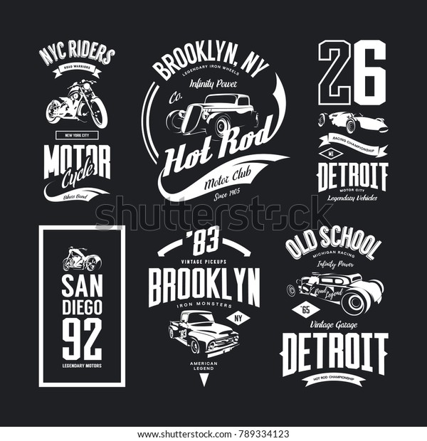ビンテージホットロッド バイク ピックアップ スポーツカーのベクター画像tシャツのロゴセット プレミアム品質のブルックリンロゴtシャツのエンブレムイラスト デトロイト街では レトロな数字のt字印刷デザインを身に着けています のベクター画像素材