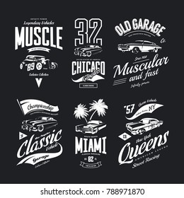 Vintage hot rod, muscle and classic car vector t-shirt logo isolated set. Premium quality Miami logo tee-shirt emblem illustration. Chicago gangster vehicle street wear retro number tee print design.