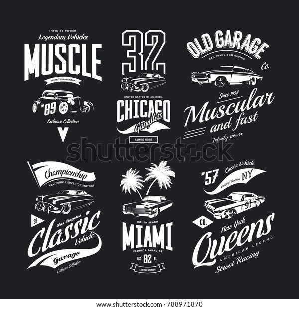 Vintage hot rod, muscle and classic car vector\
t-shirt logo isolated set. Premium quality Miami logo tee-shirt\
emblem illustration. Chicago gangster vehicle street wear retro\
number tee print\
design.