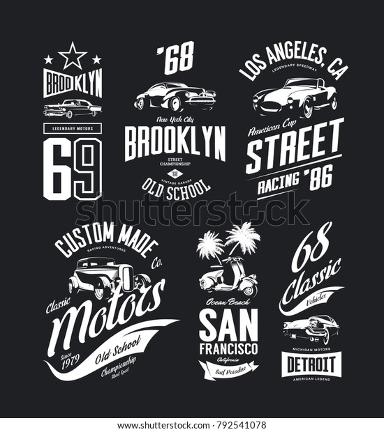 Vintage hot rod, roadster, moped, classic car\
vector t-shirt logo isolated set. Hipster style Brooklyn logo\
number tee-shirt illustration. San Francisco scooter vehicle street\
wear tee print design.