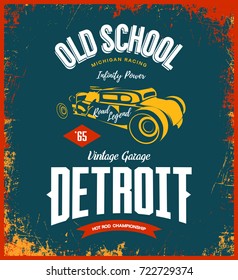 Vintage hot rod vector logo isolated on dark background. Premium quality old sport car logotype t-shirt emblem illustration. Detroit, Michigan street wear superior retro tee print design.
