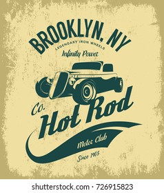 Vintage hot rod vector logo concept isolated on olive background. Premium quality old sport car logotype t-shirt emblem illustration. Brooklyn, New York street wear superior retro tee print design.