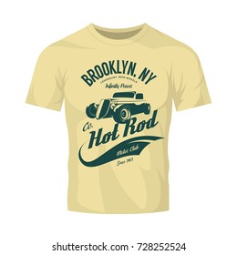 Vintage hot rod vector logo concept isolated on olive t-shirt mock up. Premium quality old sport car logotype emblem illustration. Brooklyn, New York street wear superior retro badge tee print design.