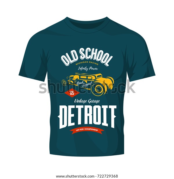 Vintage hot rod vector logo isolated on dark\
t-shirt mock up. Premium quality old sport car logotype emblem\
illustration. Detroit, Michigan street wear superior retro tee\
print design.