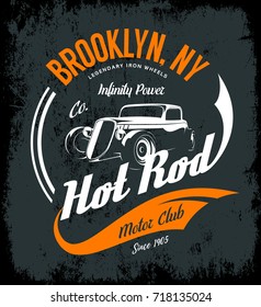 Vintage hot rod vector tee-shirt logo isolated on dark background. Premium quality old sport car logotype t-shirt emblem illustration. Brooklyn, New York street wear superior retro tee print design.