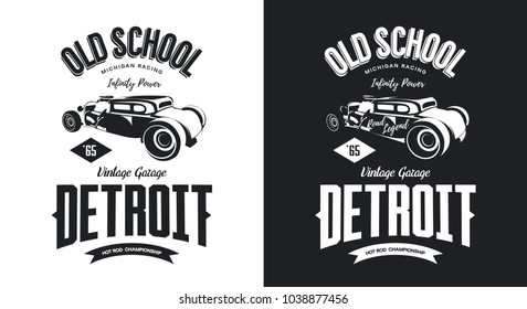 Vintage hot rod vehicle black and white isolated vector logo. Premium quality old sport car logotype t-shirt emblem illustration. Detroit, Michigan street wear hipster retro tee print design.