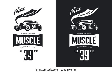 Vintage hot rod vehicle black and white isolated vector tee-shirt logo. Premium quality sport car logotype t-shirt emblem illustration. Bronx, New York street wear hipster retro tee print design.