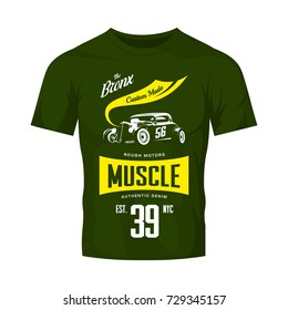 Vintage hot rod vehicle vector logo isolated on green t-shirt mock up. Premium quality sport car logotype tee-shirt emblem illustration. Bronx, New York street wear superior retro tee print design.