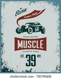 Vintage hot rod vehicle vector tee-shirt logo isolated on light background. Premium quality sport car logotype t-shirt emblem illustration. Bronx, New York street wear superior retro tee print design.