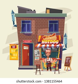 Vintage hotdog or fast food restaurant. street food and take home concept - vector illustration