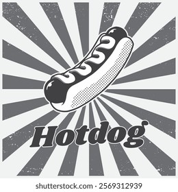 Vintage hotdog graphic for street food advertisement design. Retro style fast food restaurant sign illustration, vector.