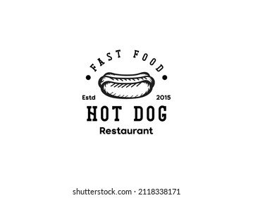 Vector de logotipo de Hotdog de época. Hotdog de comida rápida Ilustración para comida callejera. 