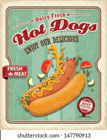 Vintage hotdog poster design with tomato, relish, onion sausage & bun