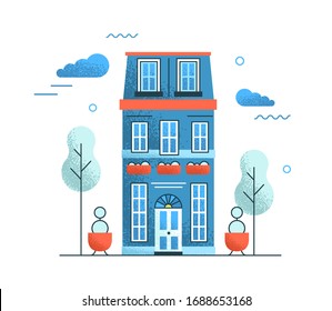 Vintage hotel building vector flat illustration. Exterior of cartoon retro architecture apartment isolated on white background. Colorful residential house graphic design