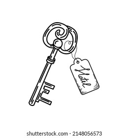 Vintage Hotel Key, Hand-drawn Doodle Style. Decorative Key. Icon. Simple Vector Illustration.