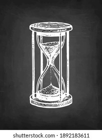 Vintage hourglass. Antique timer. Chalk sketch on blackboard. Hand drawn vector illustration. Retro style.