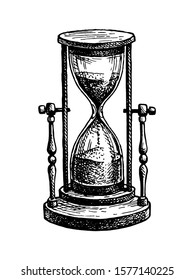 Vintage hourglass. Antique timer. Ink sketch isolated on white background. Hand drawn vector illustration. Retro style.