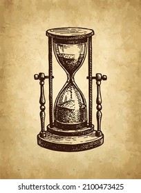 Vintage hourglass. Antique timer. Ink sketch on old paper background. Hand drawn vector illustration. Vintage style stroke drawing.