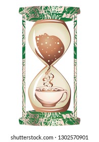 Vintage hourglass, cup of hot coffee and human head silhouette, awakeness concept.