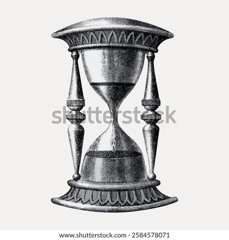 Vintage hourglass illustration with intricate details. The hourglass features ornate designs, emphasizing time and classic craftsmanship in a monochrome style. Vintage art illustration, vector.