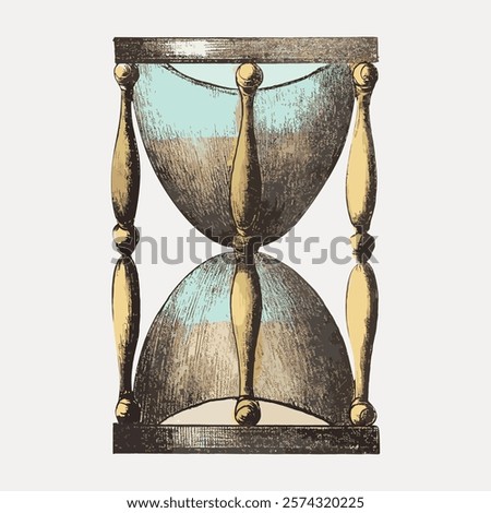 Vintage hourglass illustration with wooden frame and sand. Classic hourglass design with sand. Antique hourglass with wooden frame and flowing sand. Vintage art drawing, isolated vector element.