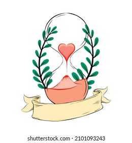 Vintage hourglass  sandglass timer or clock with floral and ribbon for text. love countdown, valentines day illustration. Illustration for postcard, book, and design elements
