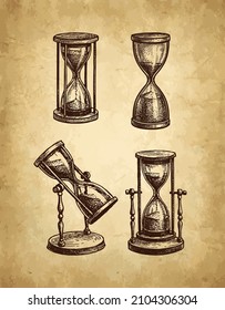 Vintage hourglass set. Collection of antique timers. Ink sketch on old paper background. Hand drawn vector illustration. Retro style stroke drawing.