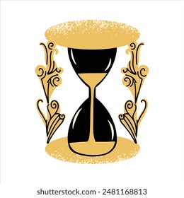 Vintage hourglass with textures and curls. Retro vector element. 