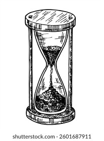 Vintage hourglass. Аntique timers. Ink sketch isolated on white background. Hand drawn vector illustration. Retro style.  