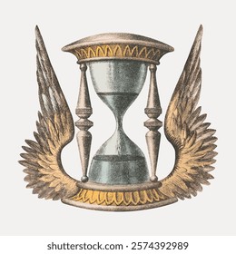 Vintage hourglass with wings, symbolizing time and freedom. The hourglass, with ornate wings, represents the passage of time and the concept of freedom. Isolated vintage vector element.