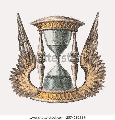 Vintage hourglass with wings, symbolizing time and freedom. The hourglass, with ornate wings, represents the passage of time and the concept of freedom. Isolated vintage vector element.