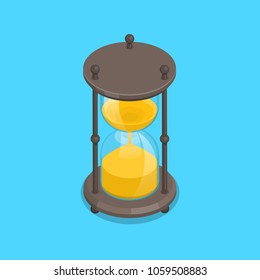 Vintage hourglasses. Isometry, 3D style. Flat design. A design element on the isolated blue background. Vector illustration.