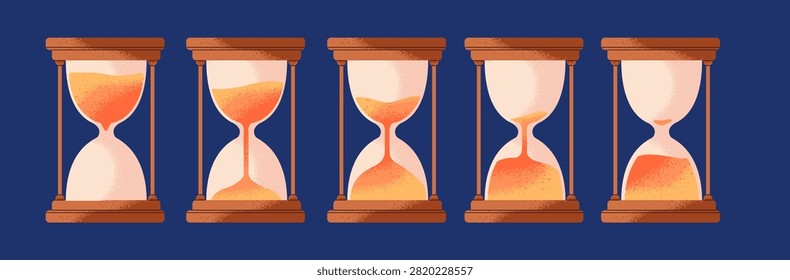 Vintage hourglasses set. Row of retro sandglasses with falling sand. Hour glasses with wood frame. Old clocks for countdown, stopwatches. Time flowing concept. Flat isolated vector illustrations